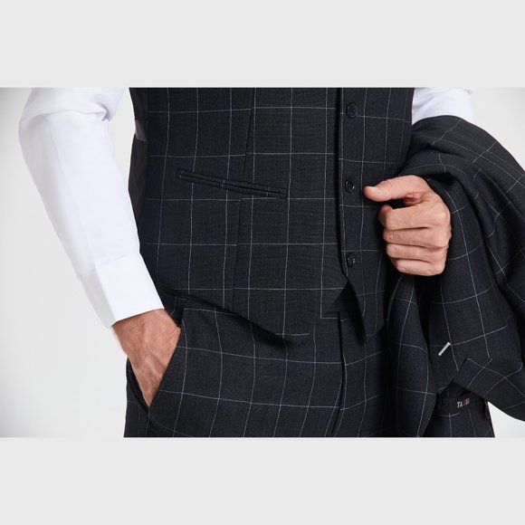 Windowpane Peak Lapel Suit 3-Piece By Tazio, Charcoaled Black - Picture 2 of 3